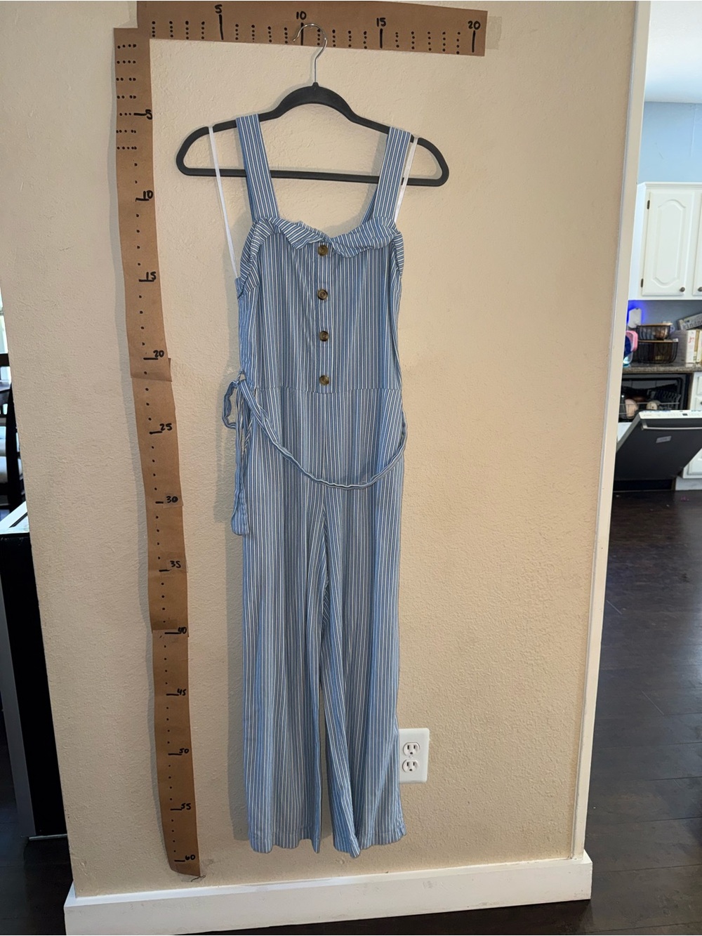 Striped Blue Tie-Waist Jumpsuit with Buttons - Women